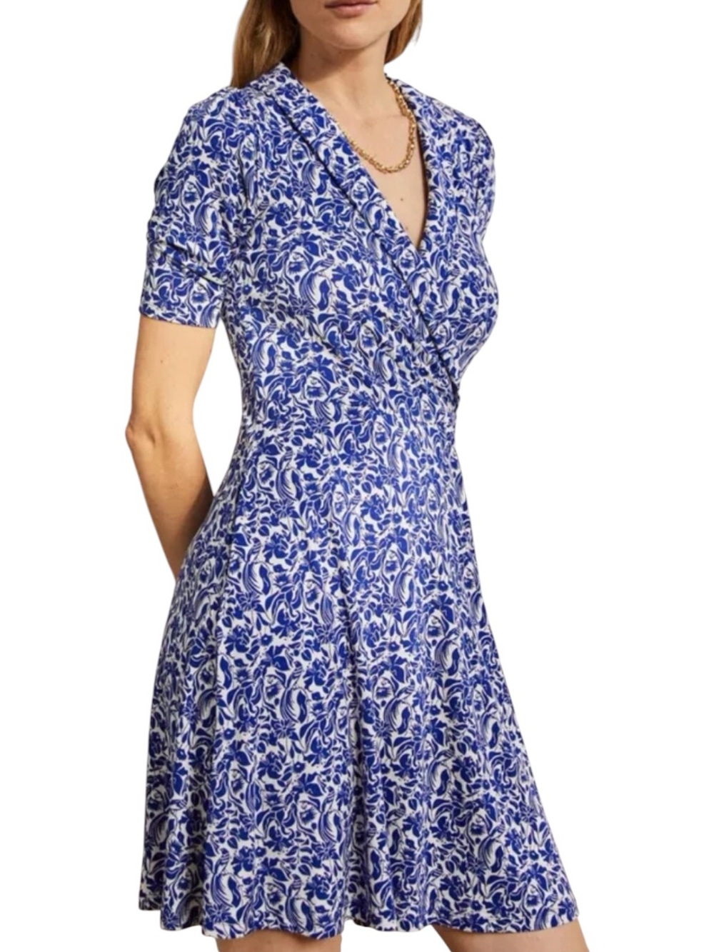 BODEN Blue Floral Wrap-Style Bird Ecoverro Dress in Blue / White Size 8R — NWT